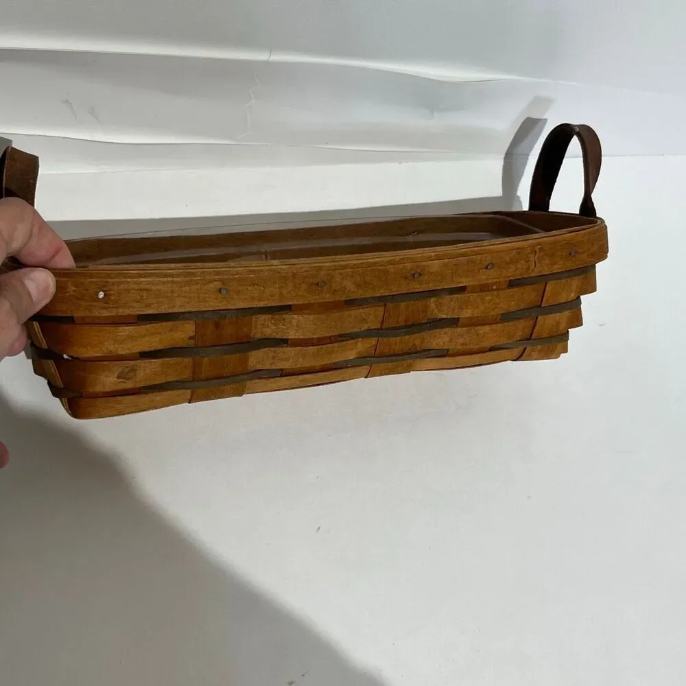 Longaberger Brown 2 Leather Handles Plastic Protector Breadstick Basket‎